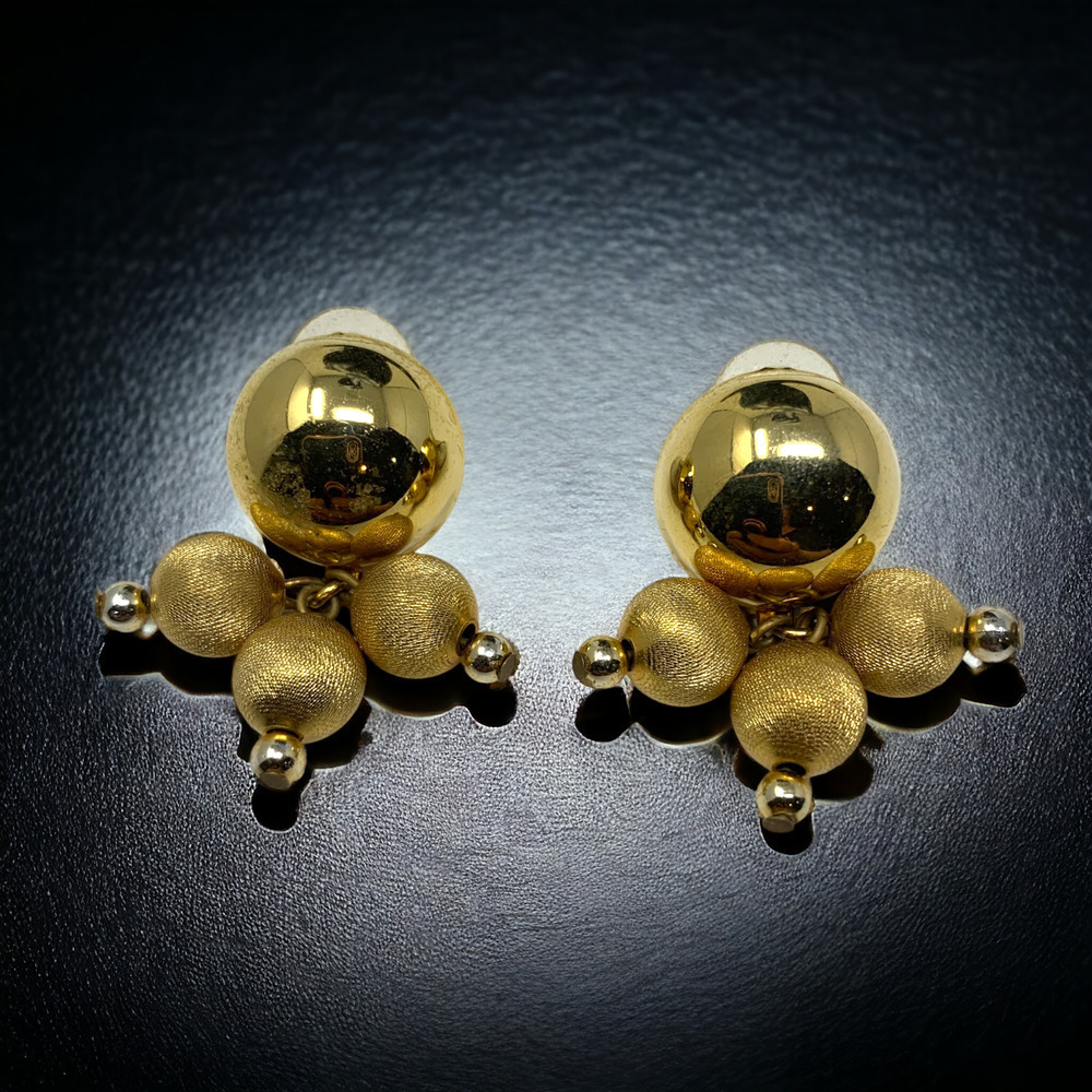 Vintage 1980's Gold Tone Triple Bead Earrings Pierced Couture Runway Modernist